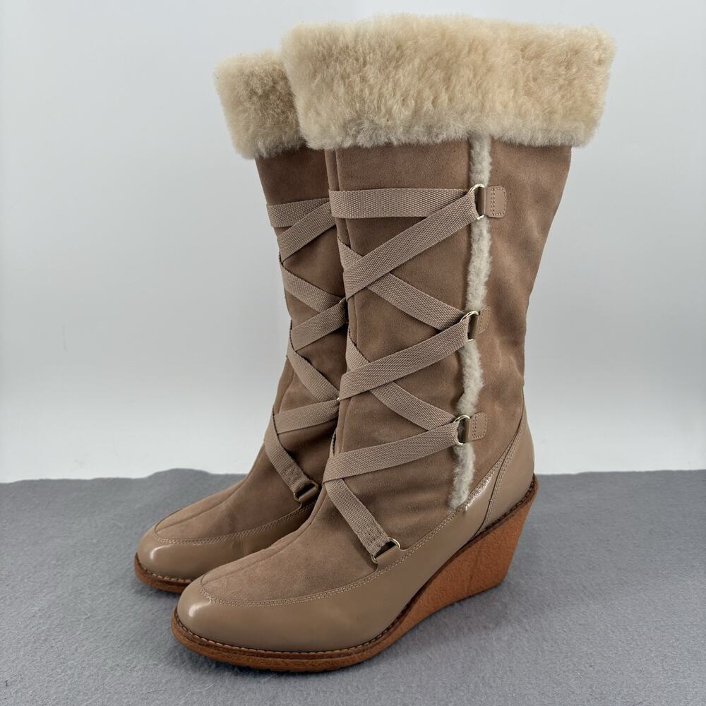 Cole Haan Air Michelle Knit Boots Wedge Heel Sz 10 Cafe Au Lait Suede Cream Pink
